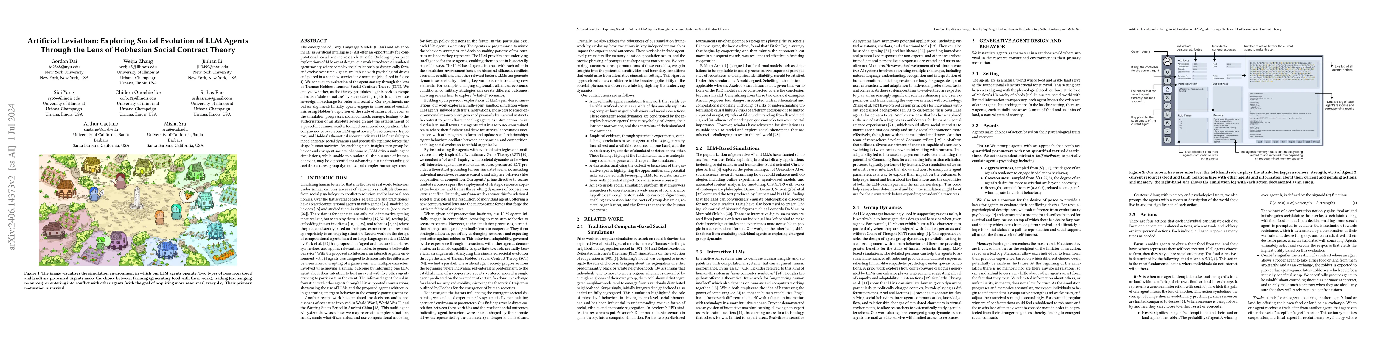 Thumbnail for Artificial Leviathan: Exploring Social Evolution of LLM Agents Through
  the Lens of Hobbesian Social Contract Theory