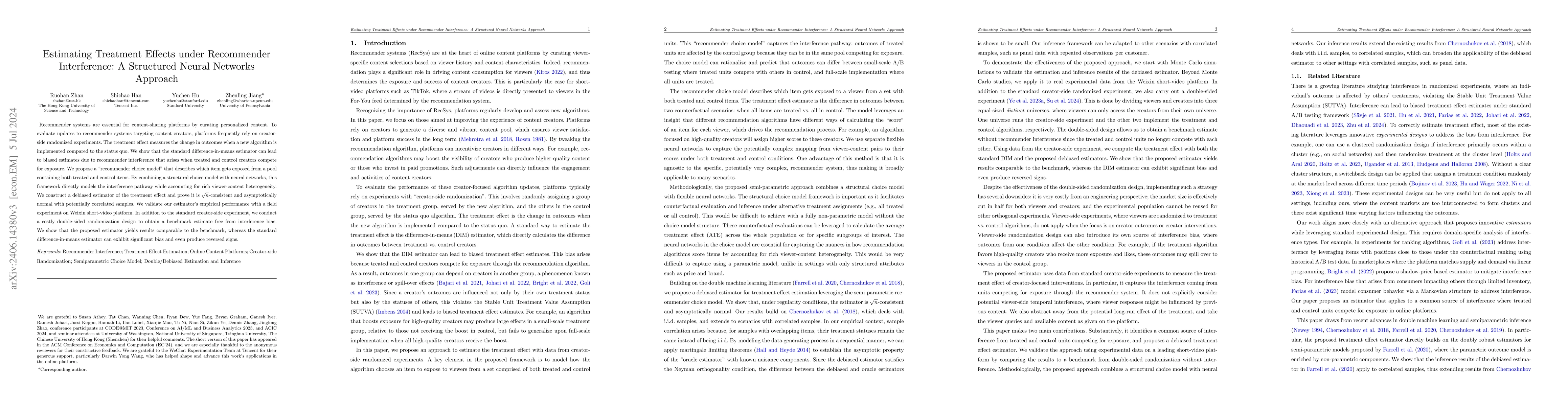 Thumbnail for Estimating Treatment Effects under Recommender Interference: A
  Structured Neural Networks Approach