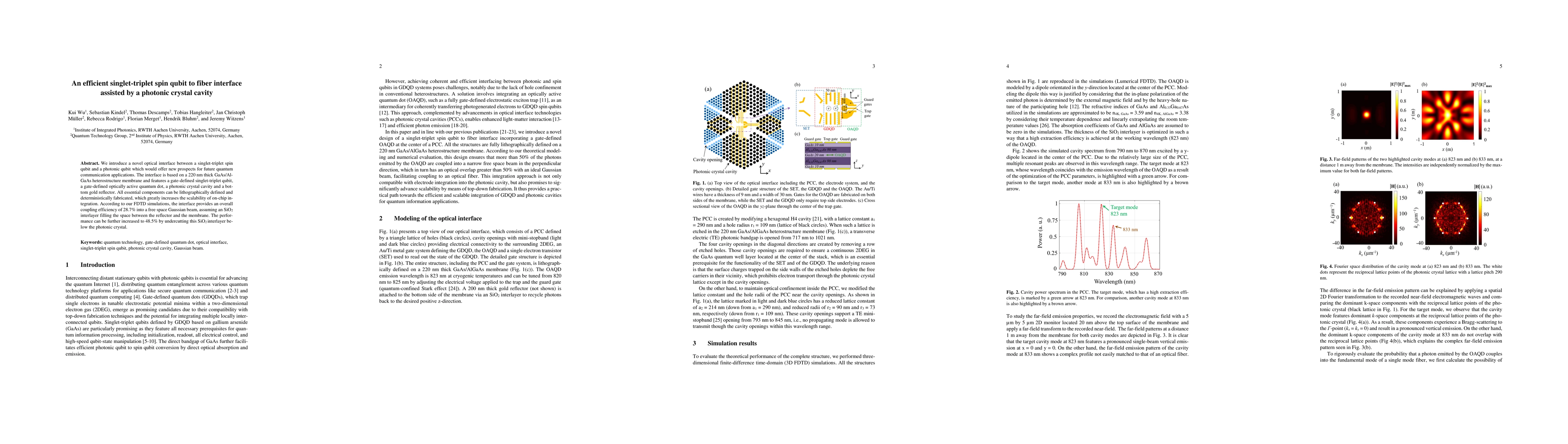 Thumbnail for An efficient singlet-triplet spin qubit to fiber interface assisted by a
  photonic crystal cavity