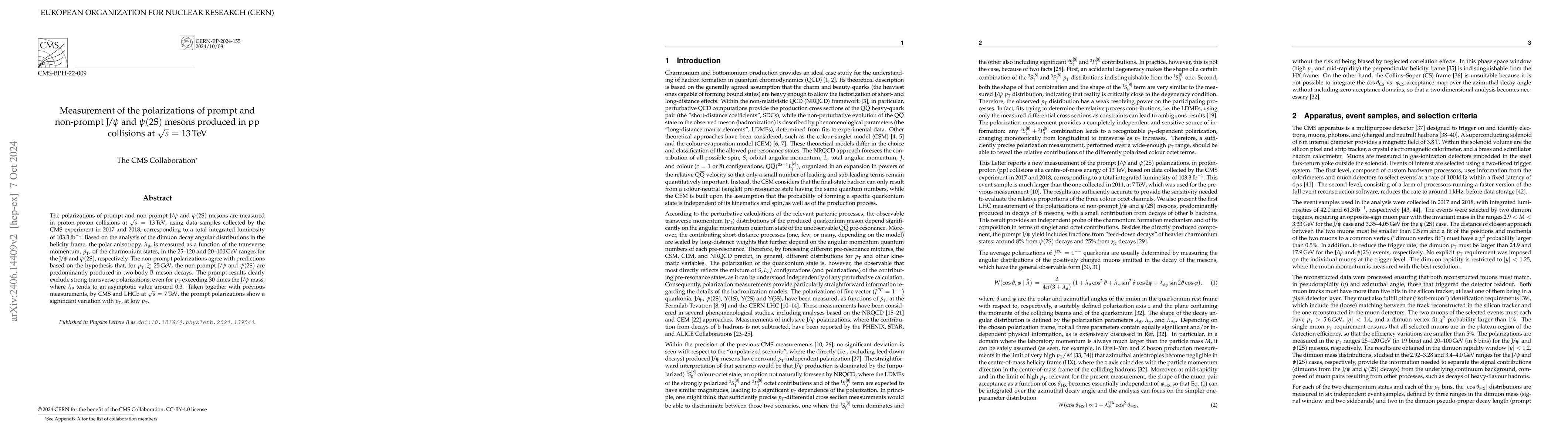 Thumbnail for Measurement of the polarizations of prompt and non-prompt J/$\psi$ and
  $\psi$(2S) mesons produced in pp collisions at $\sqrt{s}$ = 13 TeV
