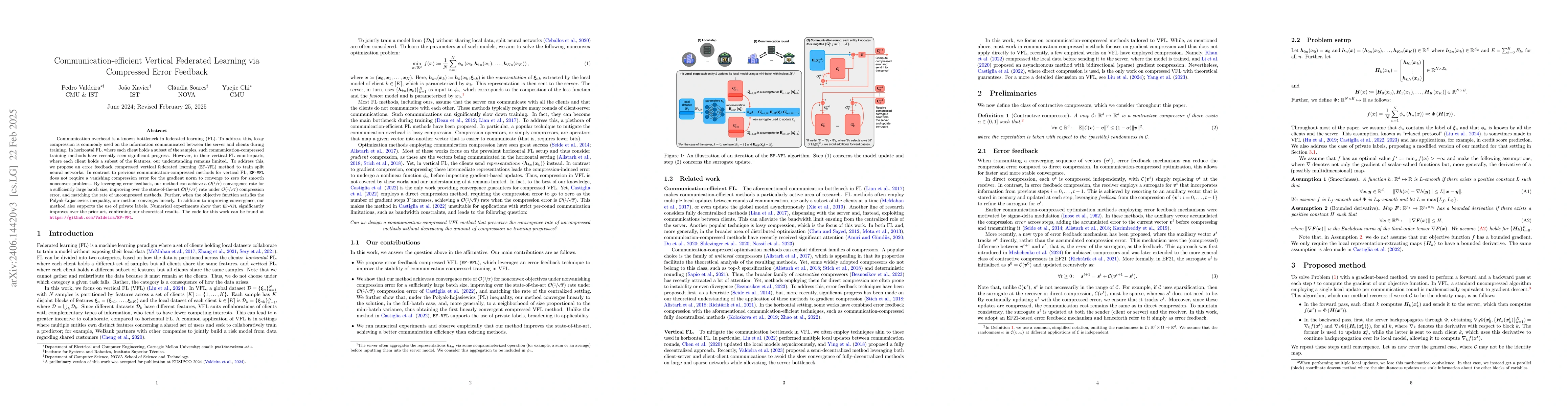 Thumbnail for Communication-efficient Vertical Federated Learning via Compressed Error
  Feedback