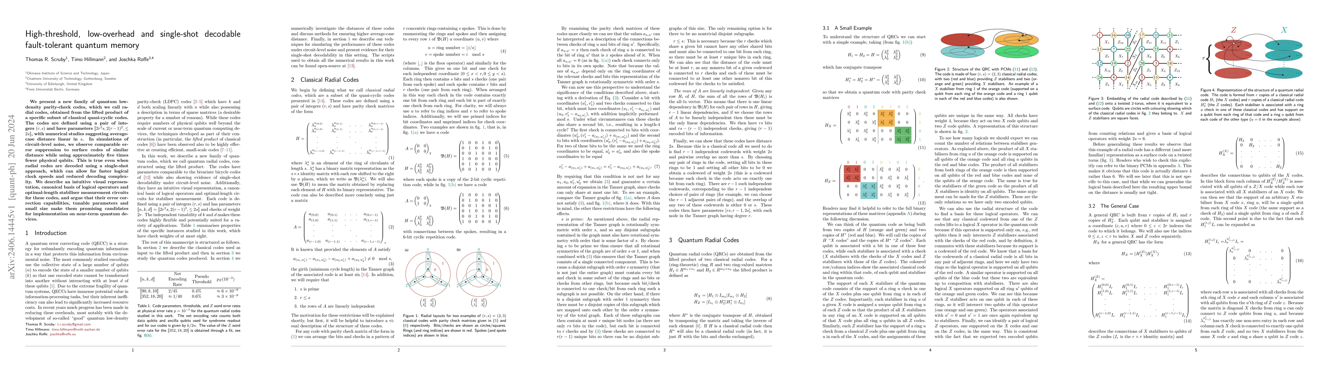 Thumbnail for High-threshold, low-overhead and single-shot decodable fault-tolerant
  quantum memory