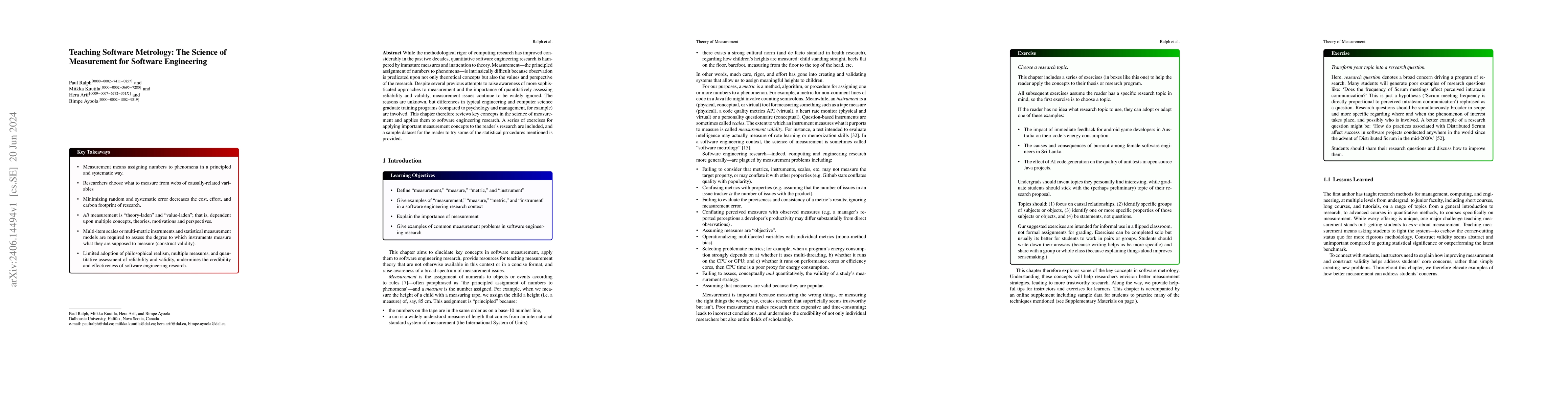 Thumbnail for Teaching Software Metrology: The Science of Measurement for Software
  Engineering