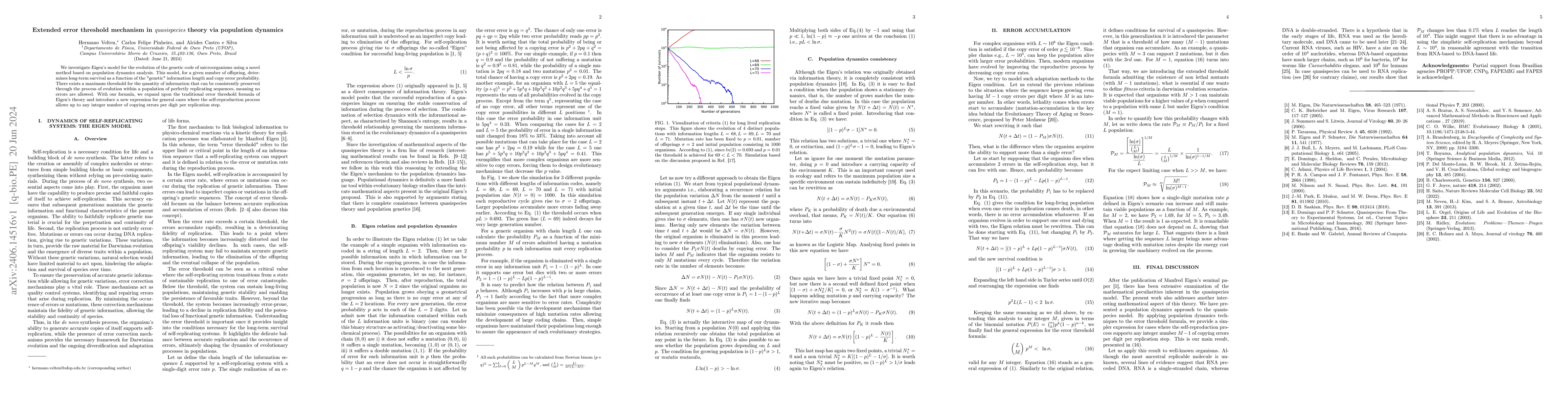 Thumbnail for Extended error threshold mechanism in {\it quasispecies} theory via
  population dynamics