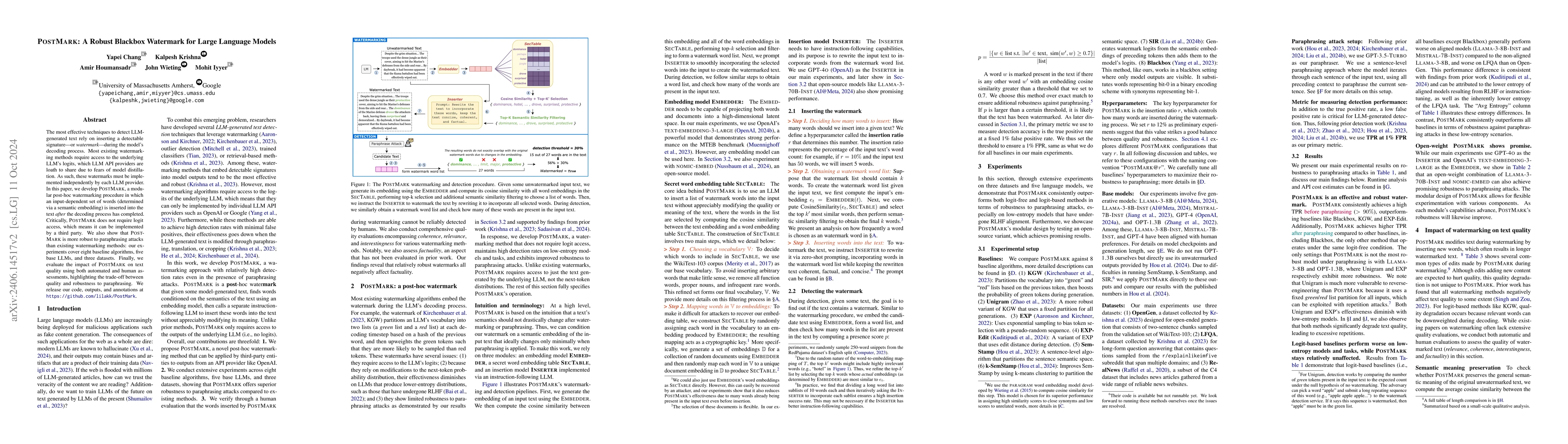 Thumbnail for PostMark: A Robust Blackbox Watermark for Large Language Models