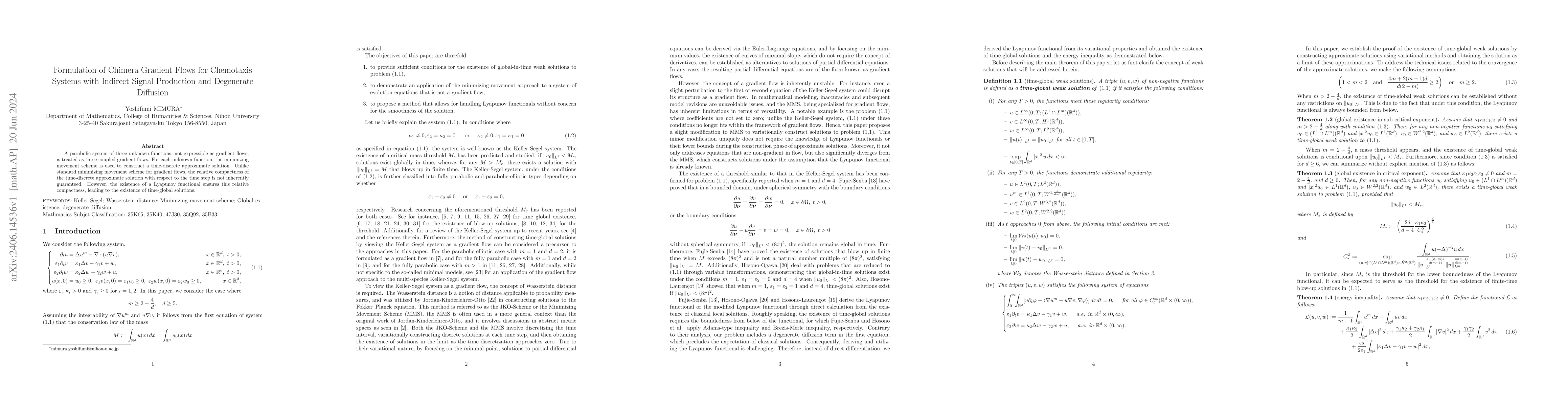 Thumbnail for Formulation of Chimera Gradient Flows for Chemotaxis Systems with
  Indirect Signal Production and Degenerate Diffusion