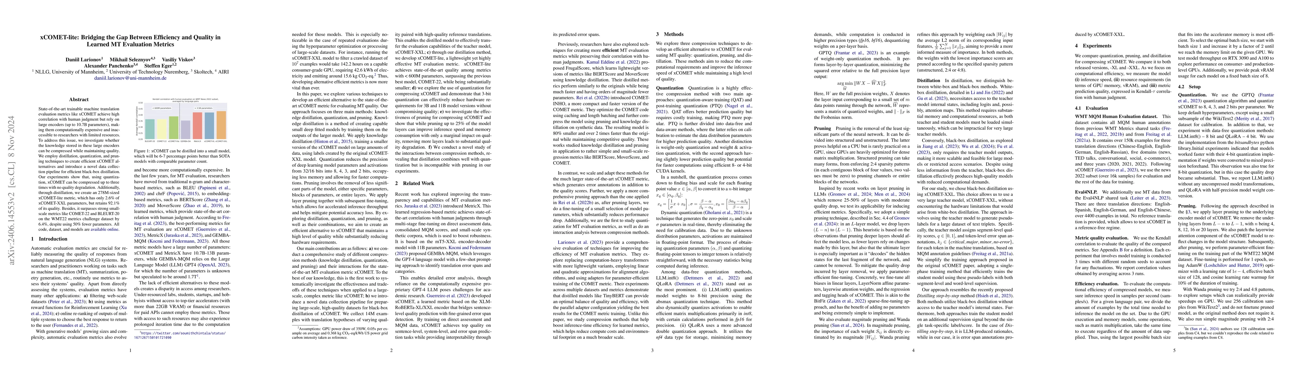 Thumbnail for xCOMET-lite: Bridging the Gap Between Efficiency and Quality in Learned
  MT Evaluation Metrics