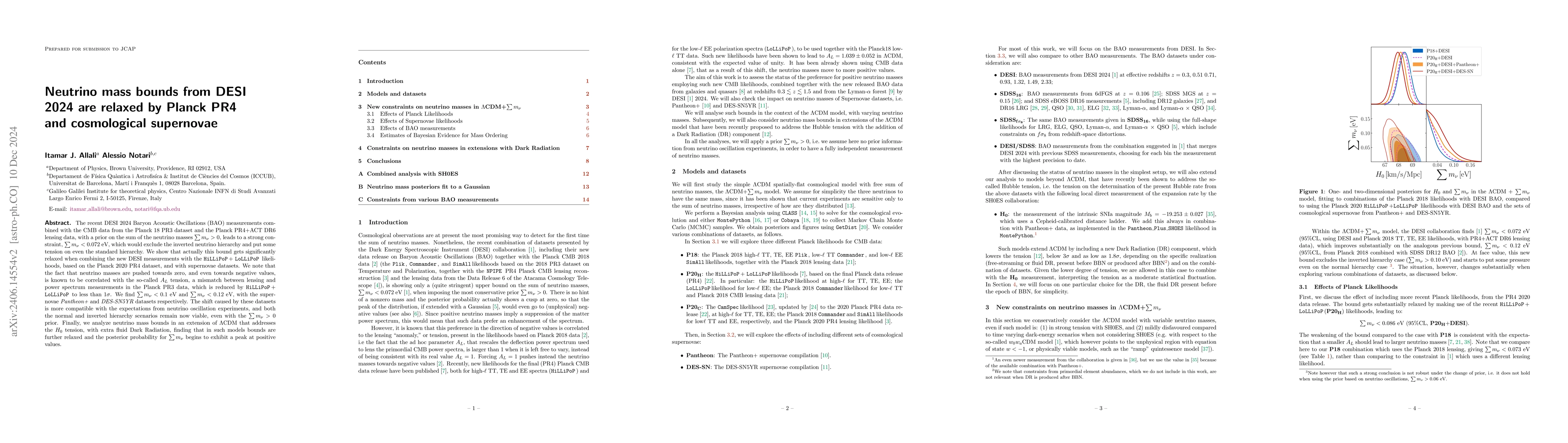 Thumbnail for Neutrino mass bounds from DESI 2024 are relaxed by Planck PR4 and
  cosmological supernovae