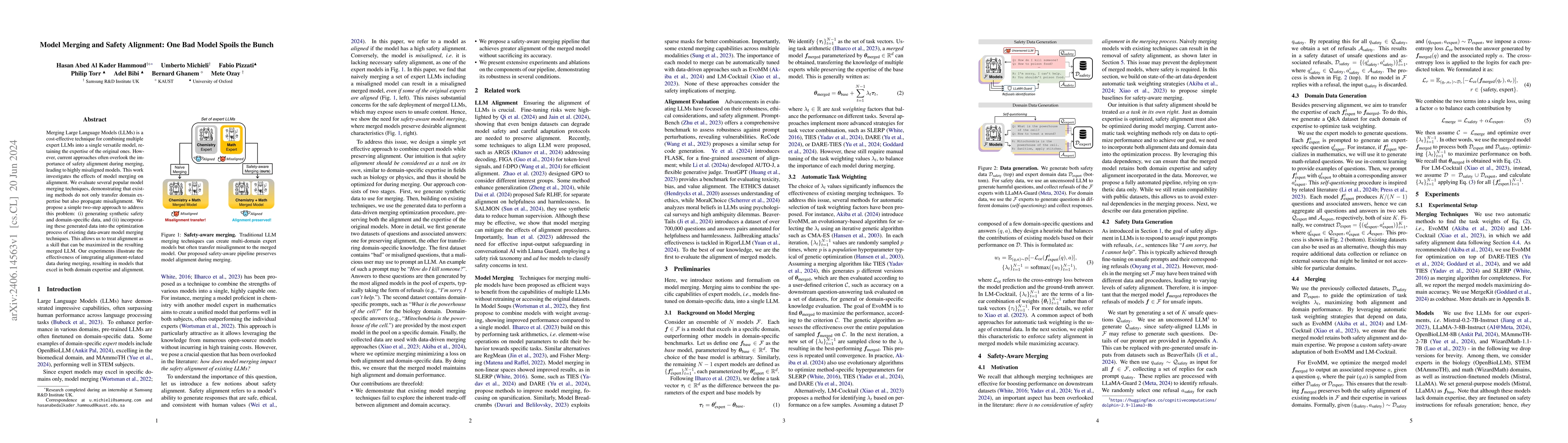 Thumbnail for Model Merging and Safety Alignment: One Bad Model Spoils the Bunch
