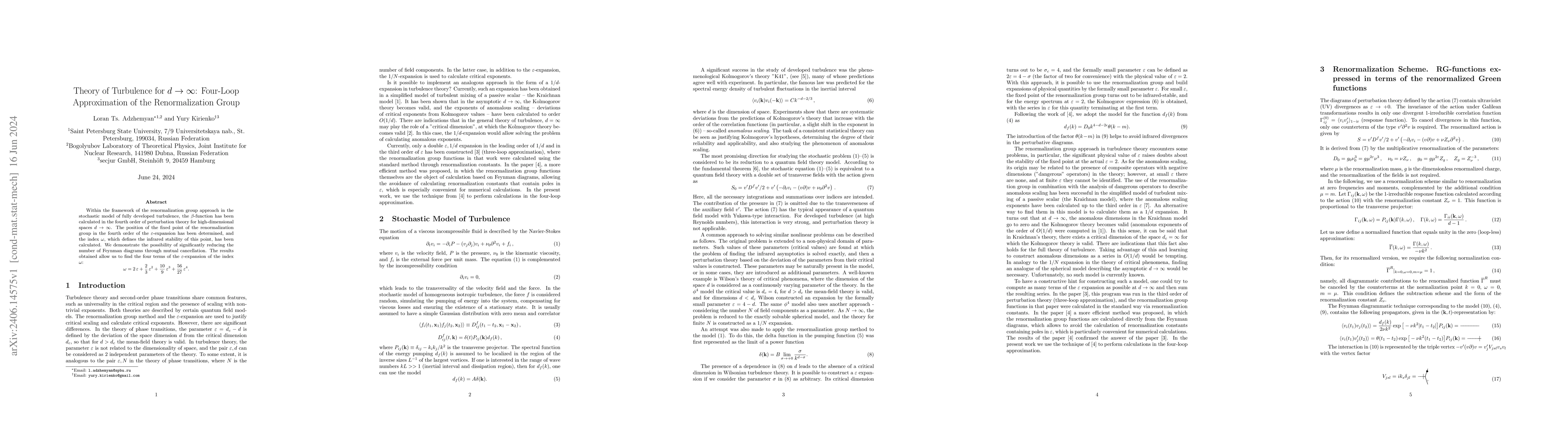 Thumbnail for Theory of Turbulence for $d \rightarrow \infty$: Four-Loop Approximation
  of the Renormalization Group