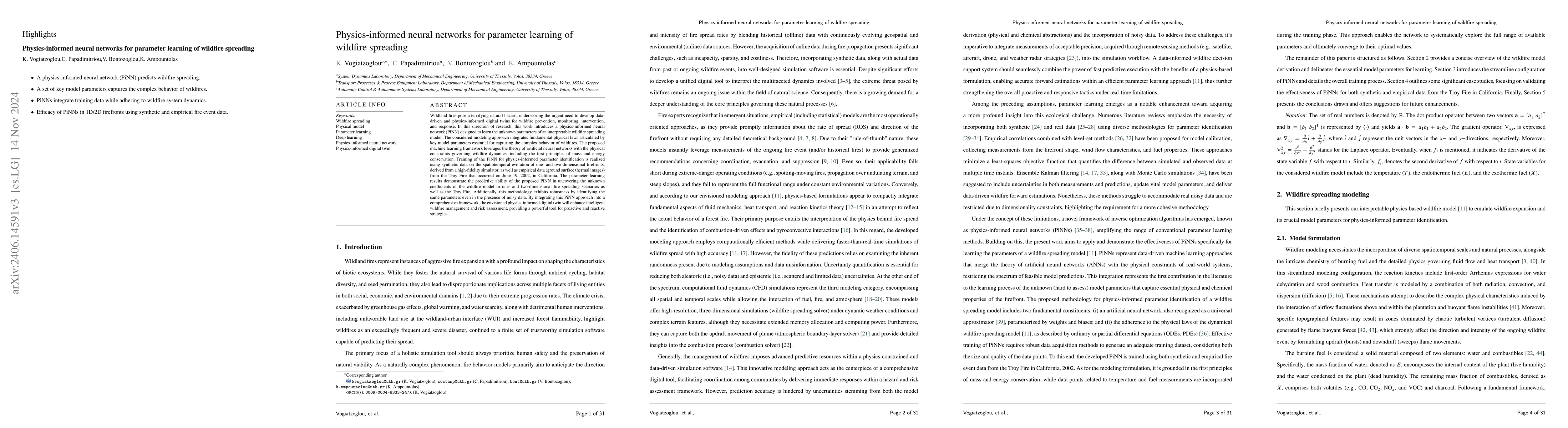 Thumbnail for Physics-informed neural networks for parameter learning of wildfire
  spreading