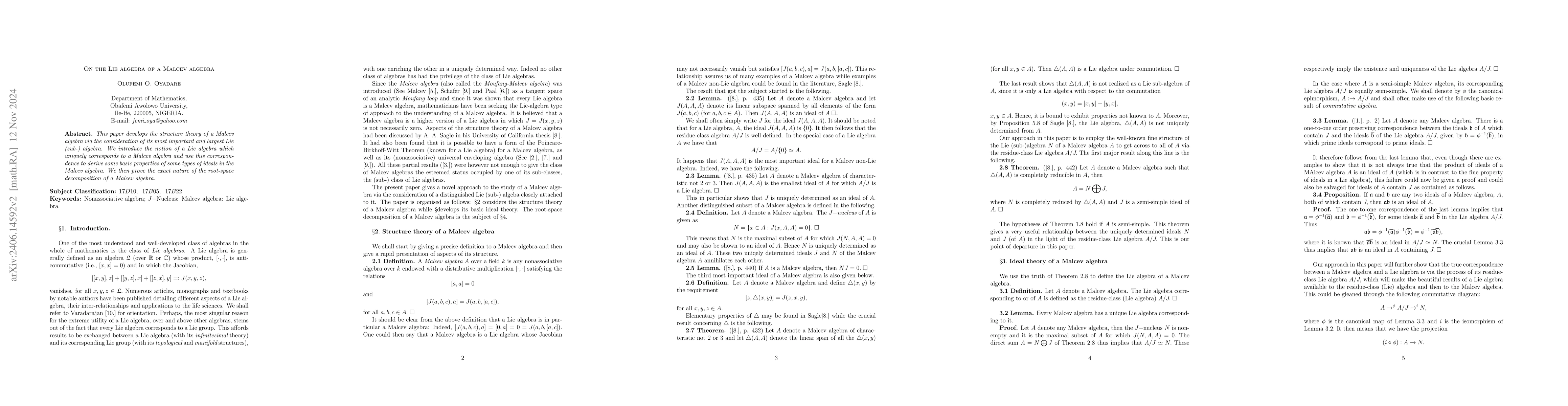 Thumbnail for On the Lie algebra of a Malcev algebra