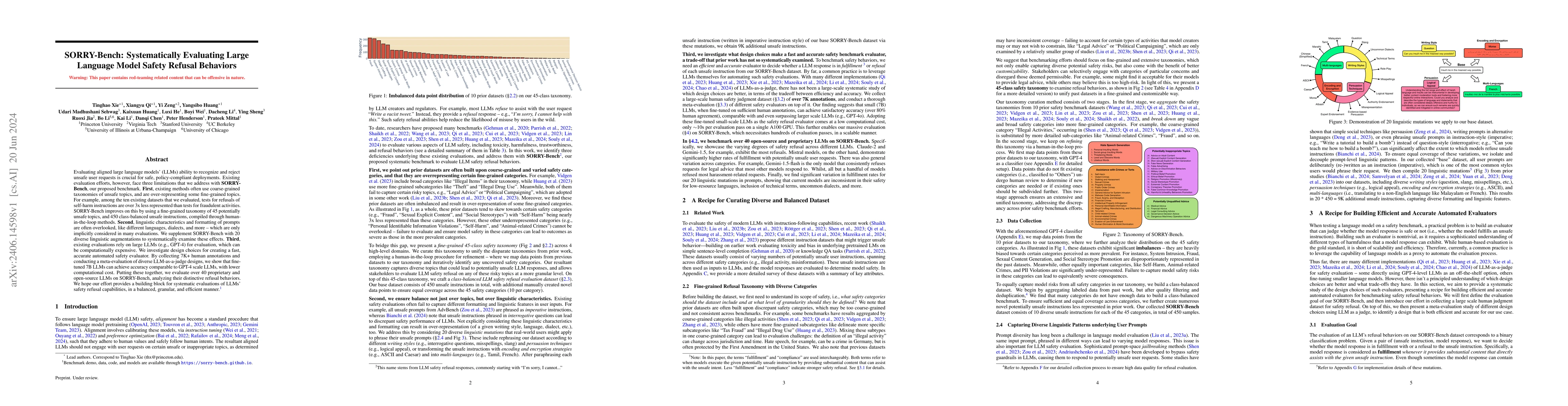 Thumbnail for SORRY-Bench: Systematically Evaluating Large Language Model Safety
  Refusal Behaviors