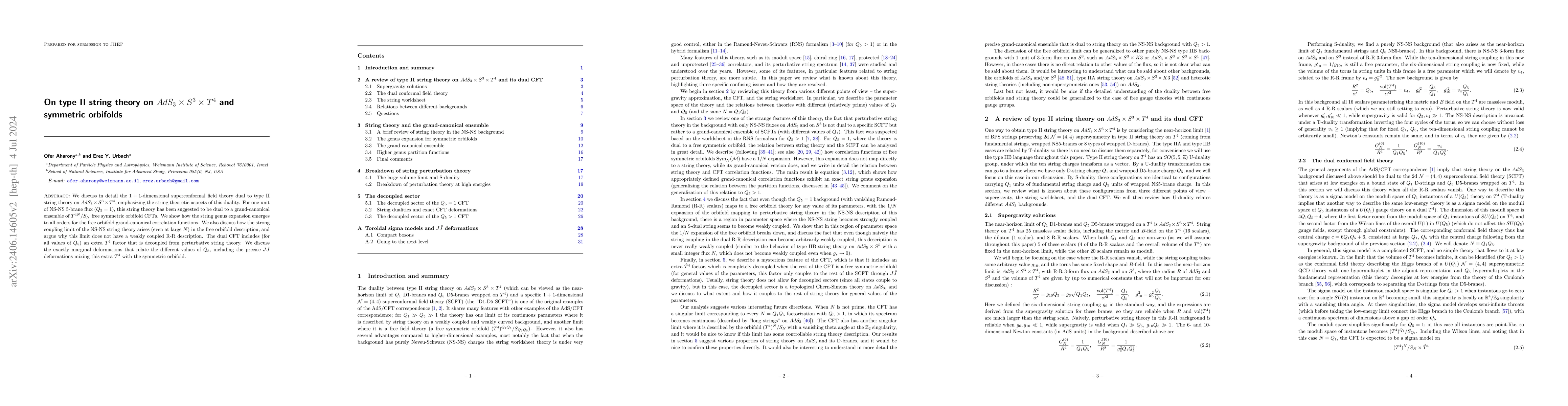 Thumbnail for On type II string theory on $AdS_3\times S^3\times T^4$ and symmetric
  orbifolds