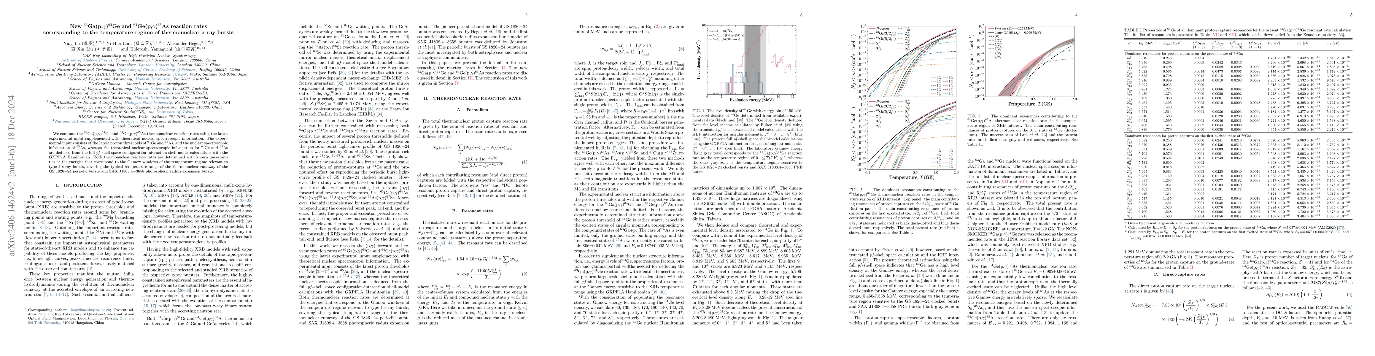 Thumbnail for New $^{63}$Ga(p,$\gamma$)$^{64}$Ge and $^{64}$Ge(p,$\gamma$)$^{65}$As
  reaction rates corresponding to the temperature regime of thermonuclear X-ray
  bursts