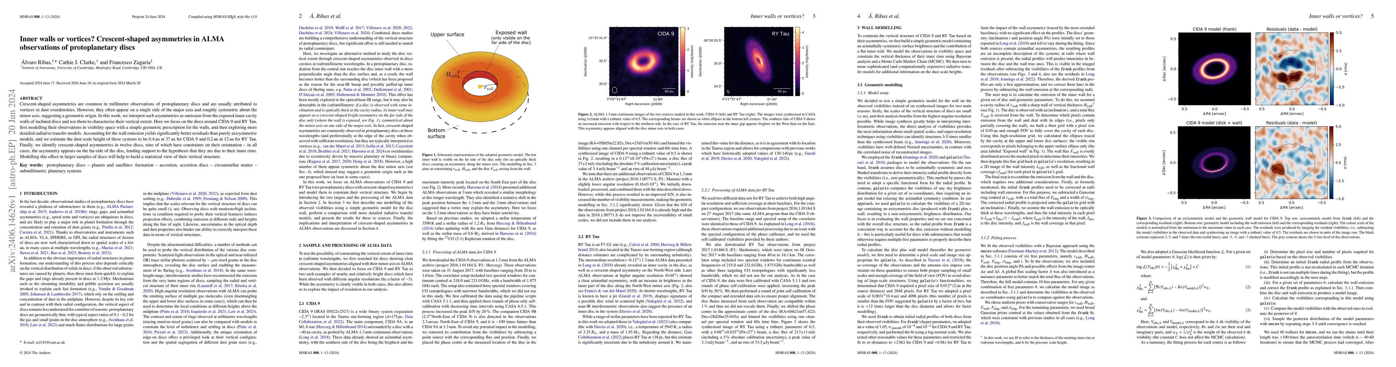 Thumbnail for Inner walls or vortices? Crescent-shaped asymmetries in ALMA
  observations of protoplanetary discs