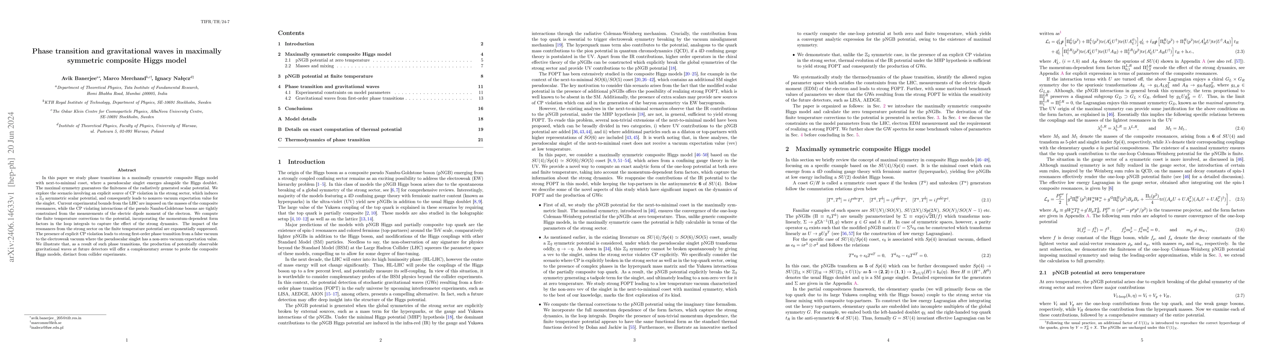 Thumbnail for Phase transition and gravitational waves in maximally symmetric
  composite Higgs model