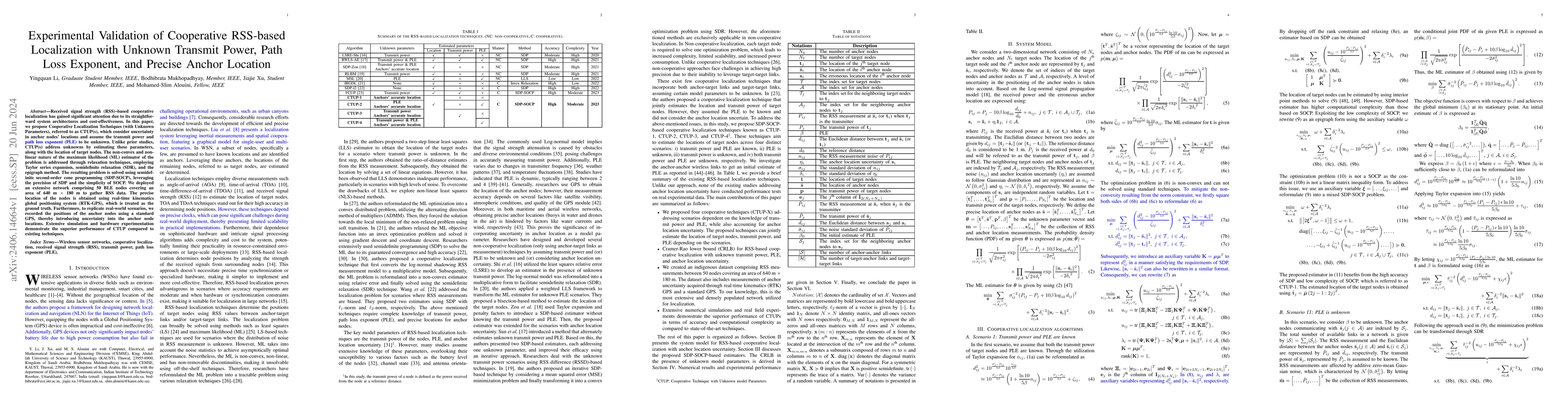 Thumbnail for Experimental Validation of Cooperative RSS-based Localization with
  Unknown Transmit Power, Path Loss Exponent, and Precise Anchor Location