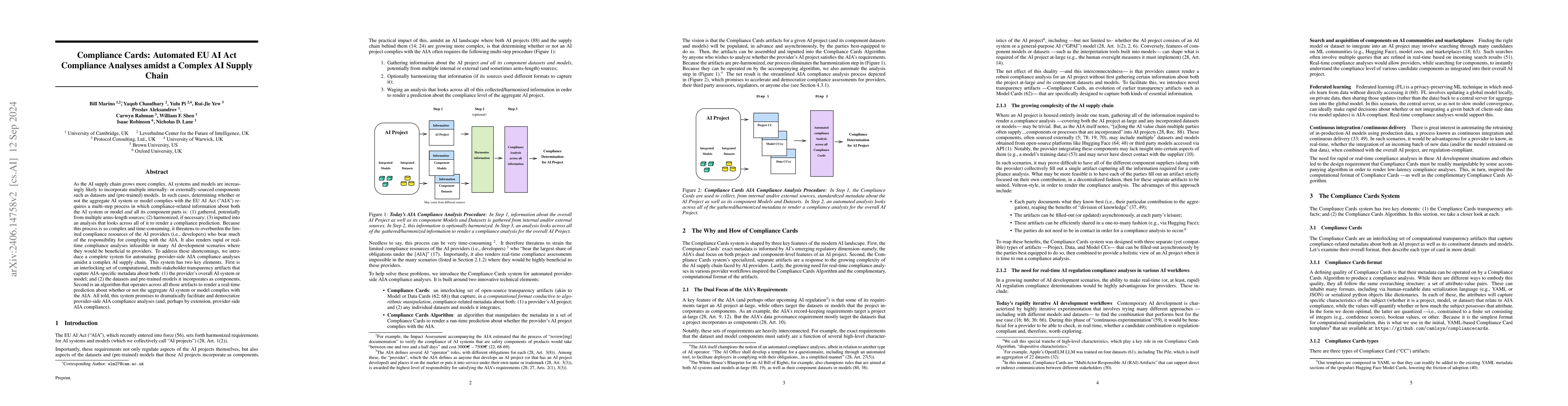 Thumbnail for Compliance Cards: Computational Artifacts for Automated AI Regulation
  Compliance