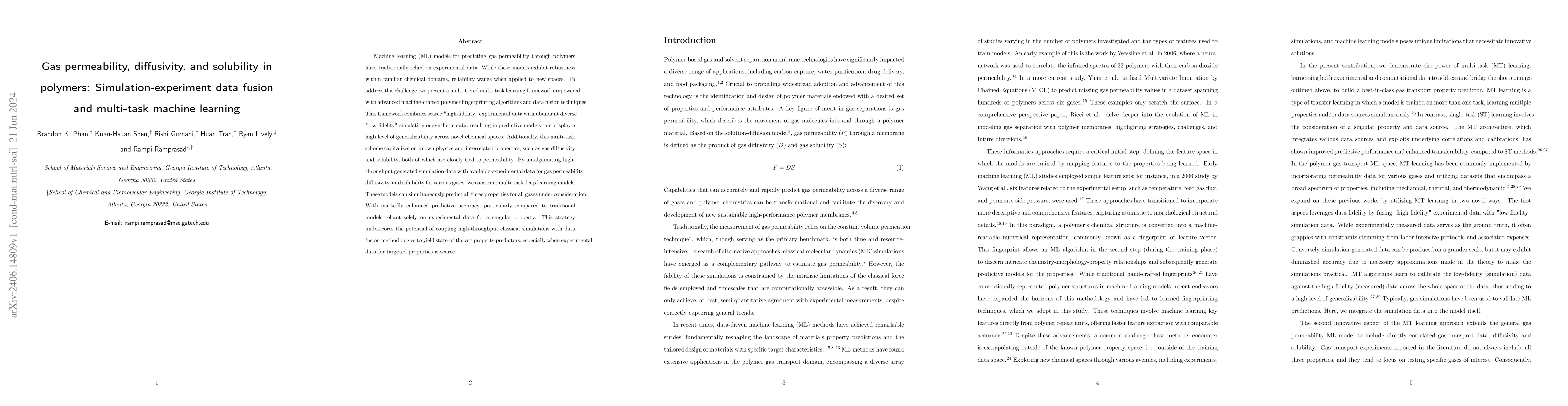 Thumbnail for Gas permeability, diffusivity, and solubility in polymers:
  Simulation-experiment data fusion and multi-task machine learning