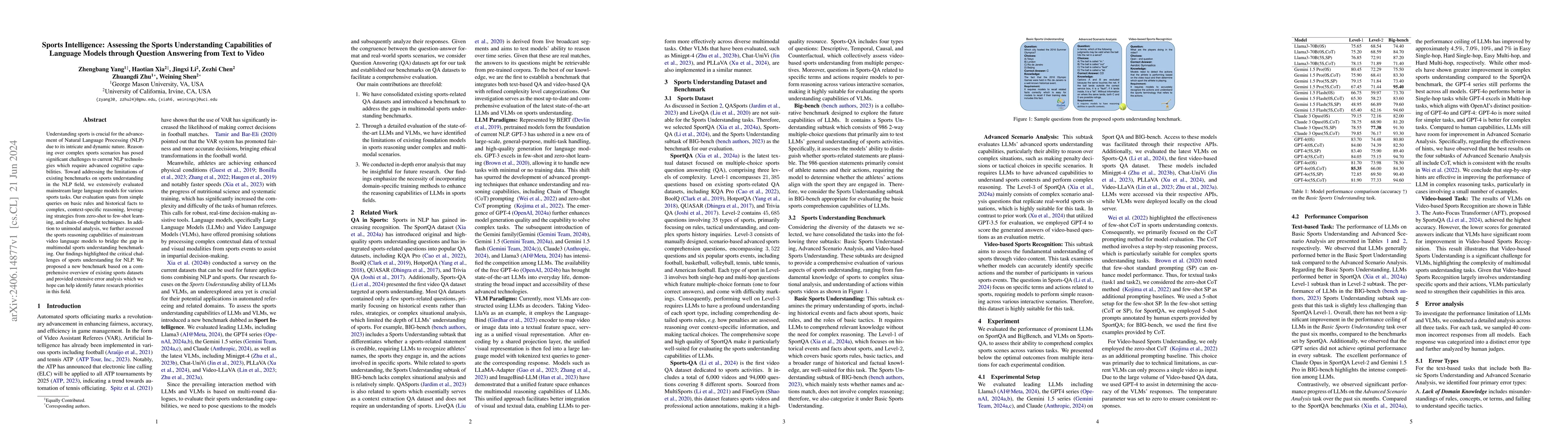 Thumbnail for Sports Intelligence: Assessing the Sports Understanding Capabilities of
  Language Models through Question Answering from Text to Video