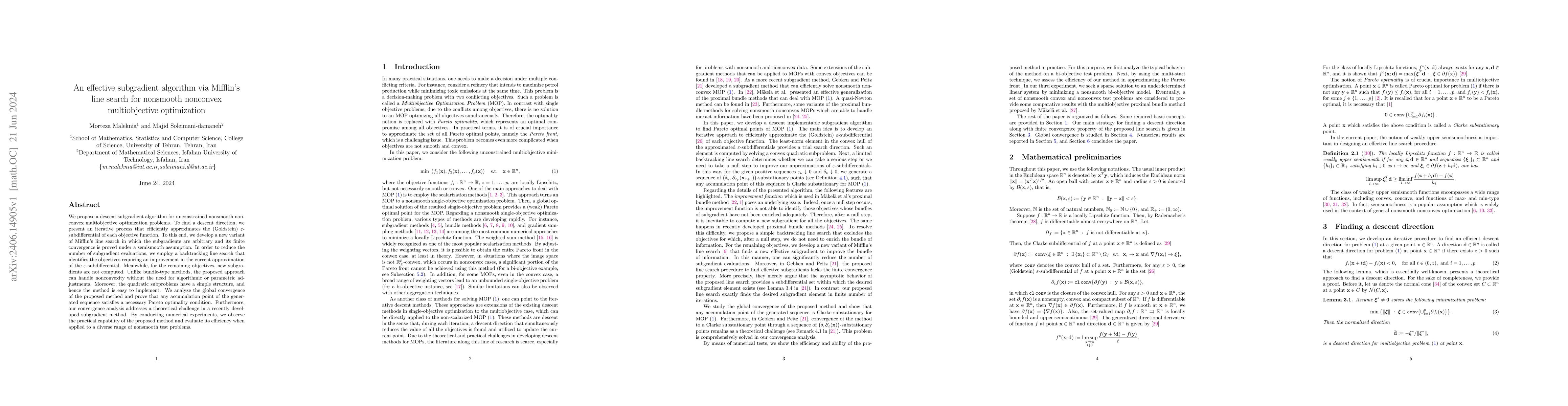 Thumbnail for An effective subgradient algorithm via Mifflin's line search for
  nonsmooth nonconvex multiobjective optimization