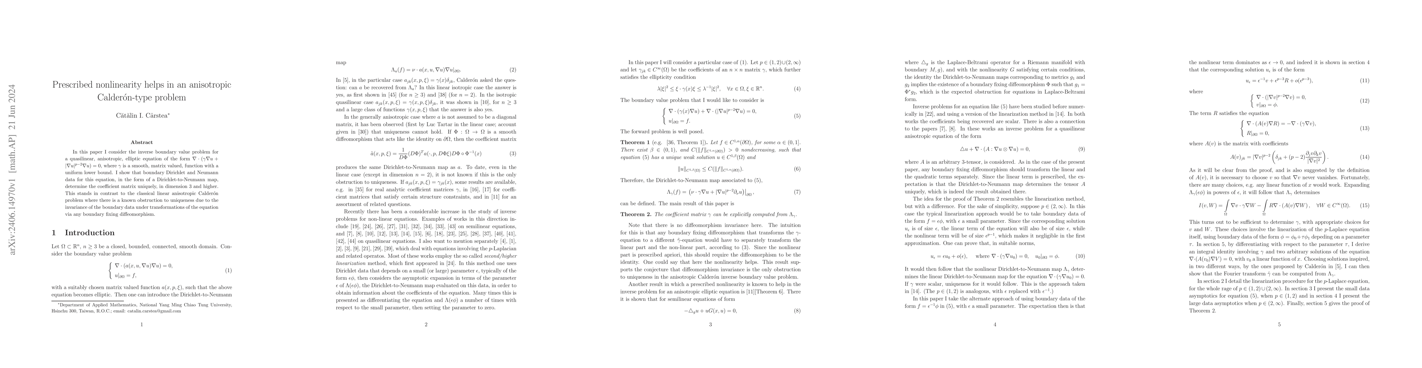 Thumbnail for Prescribed nonlinearity helps in an anisotropic Calder\'on-type problem