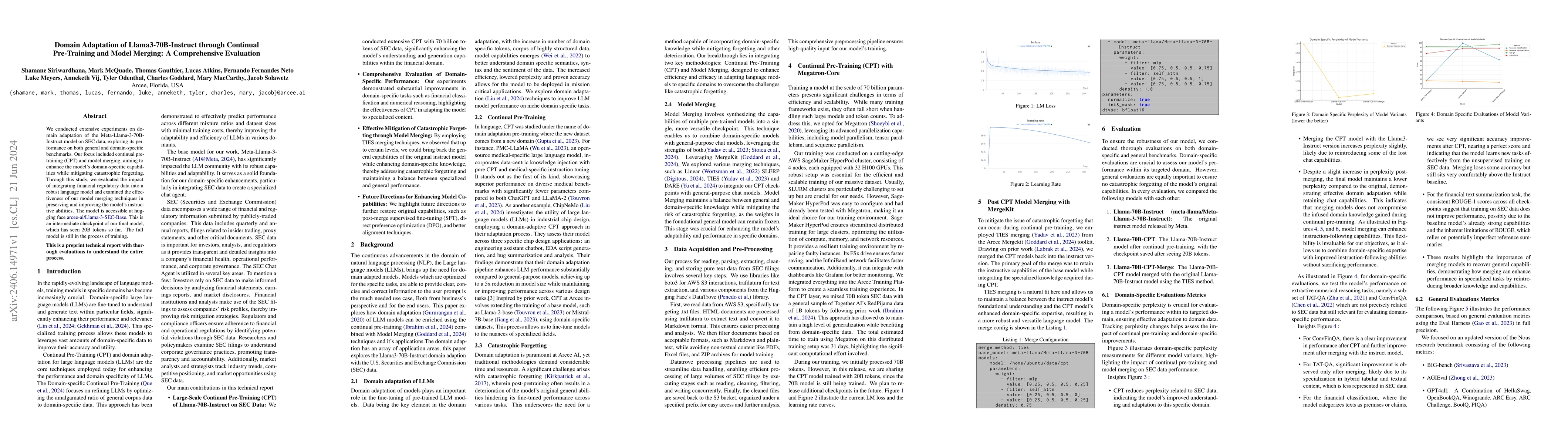 Thumbnail for Domain Adaptation of Llama3-70B-Instruct through Continual Pre-Training
  and Model Merging: A Comprehensive Evaluation