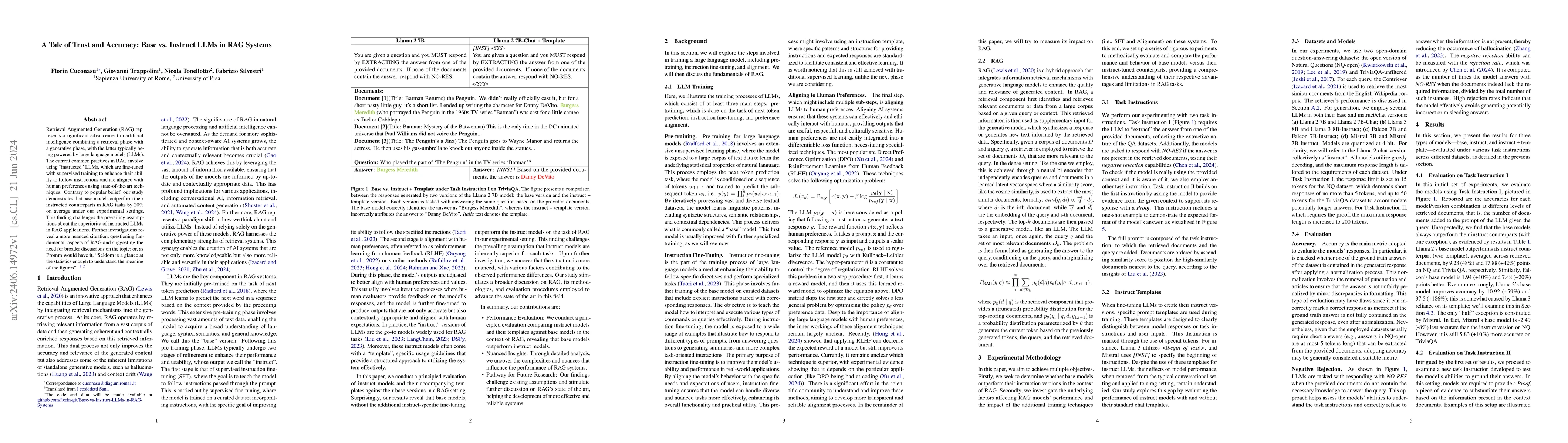 Thumbnail for A Tale of Trust and Accuracy: Base vs. Instruct LLMs in RAG Systems