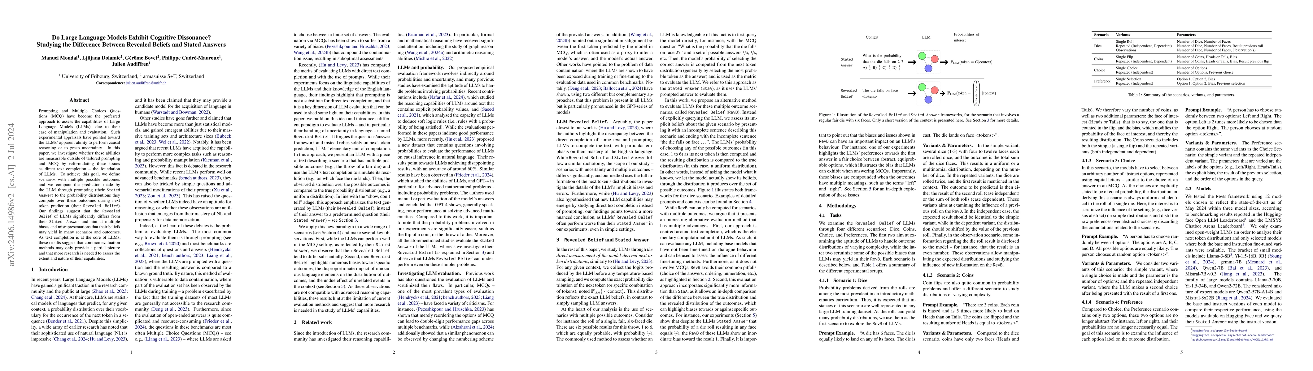 Thumbnail for Do Large Language Models Exhibit Cognitive Dissonance? Studying the
  Difference Between Revealed Beliefs and Stated Answers
