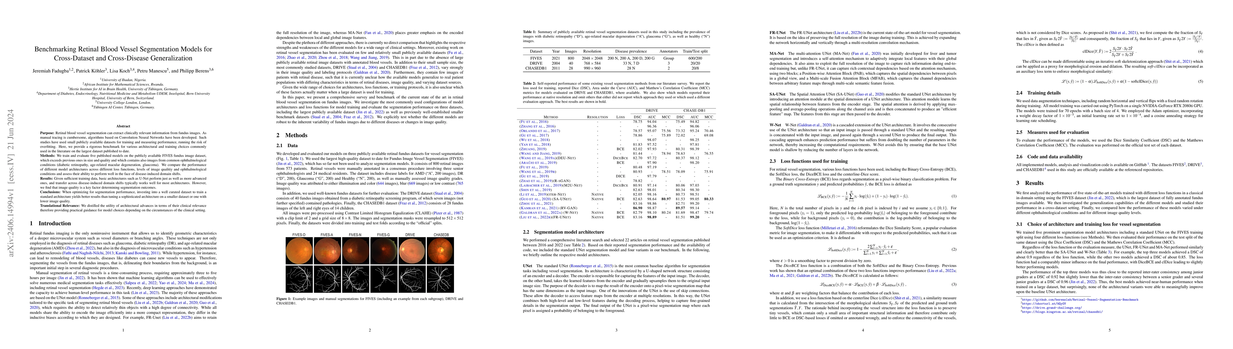 Thumbnail for Benchmarking Retinal Blood Vessel Segmentation Models for Cross-Dataset
  and Cross-Disease Generalization