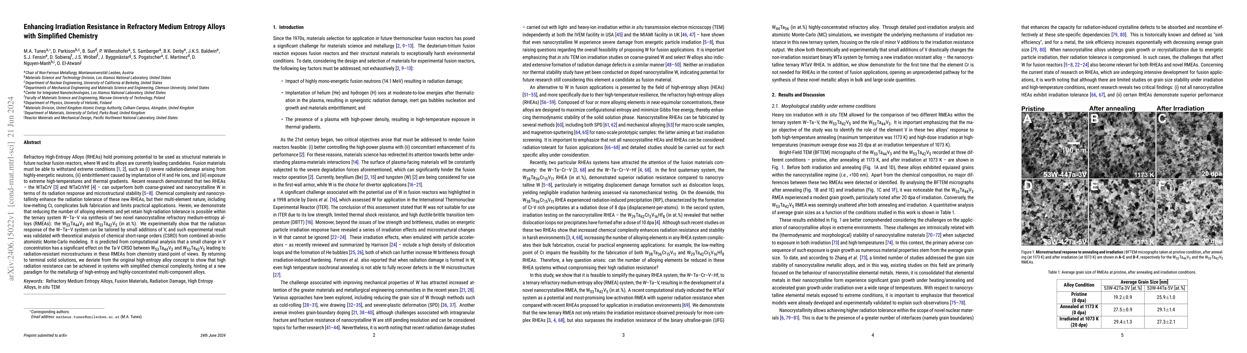 Thumbnail for Enhancing Irradiation Resistance in Refractory Medium Entropy Alloys
  with Simplified Chemistry