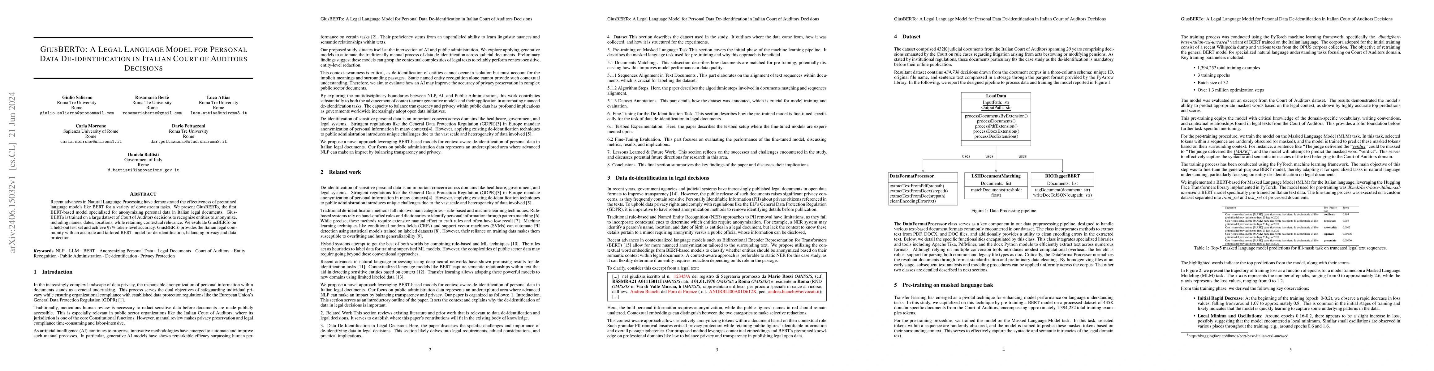 Thumbnail for GiusBERTo: A Legal Language Model for Personal Data De-identification in
  Italian Court of Auditors Decisions