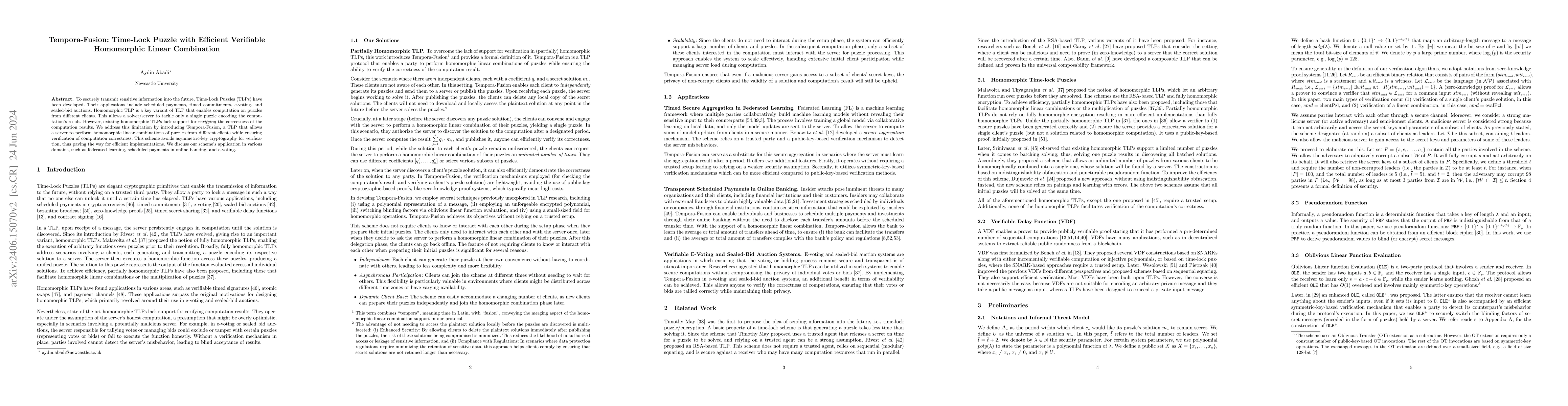 Thumbnail for Tempora-Fusion: Time-Lock Puzzle with Efficient Verifiable Homomorphic
  Linear Combination
