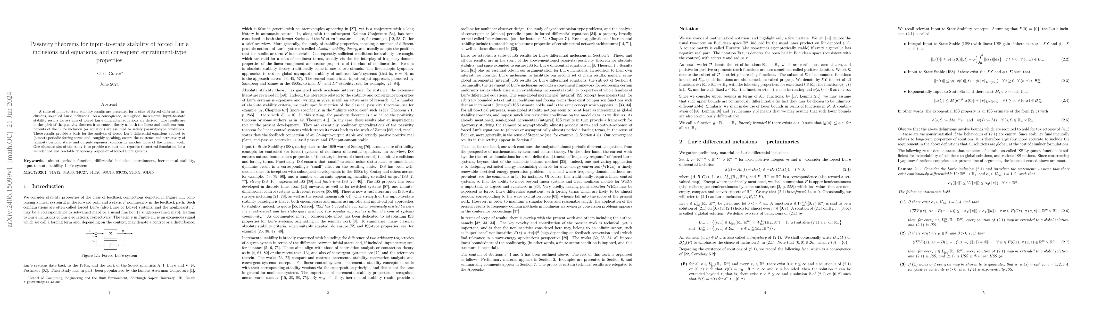Thumbnail for Passivity theorems for input-to-state stability of forced Lur'e
  inclusions and equations, and consequent entrainment-type properties