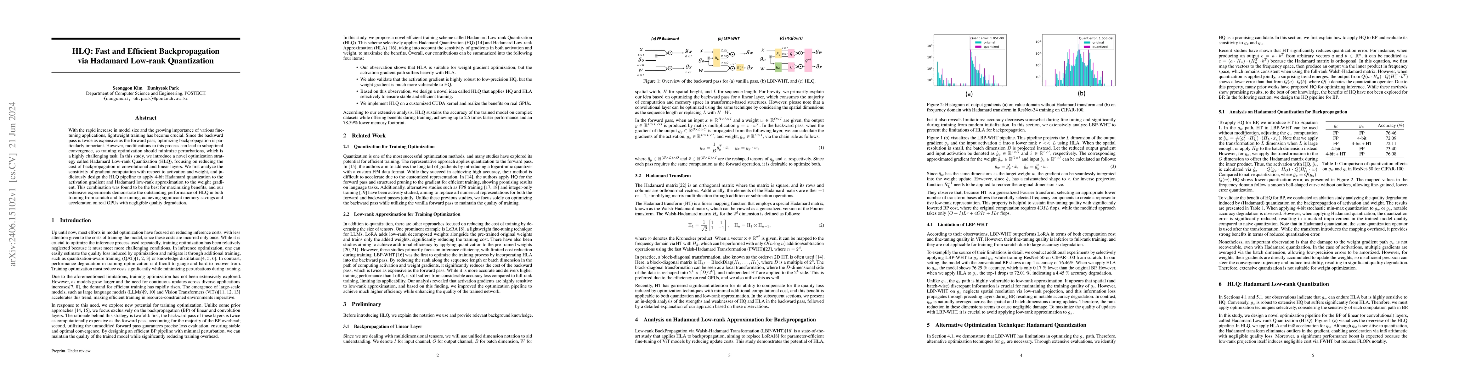 Thumbnail for HLQ: Fast and Efficient Backpropagation via Hadamard Low-rank
  Quantization