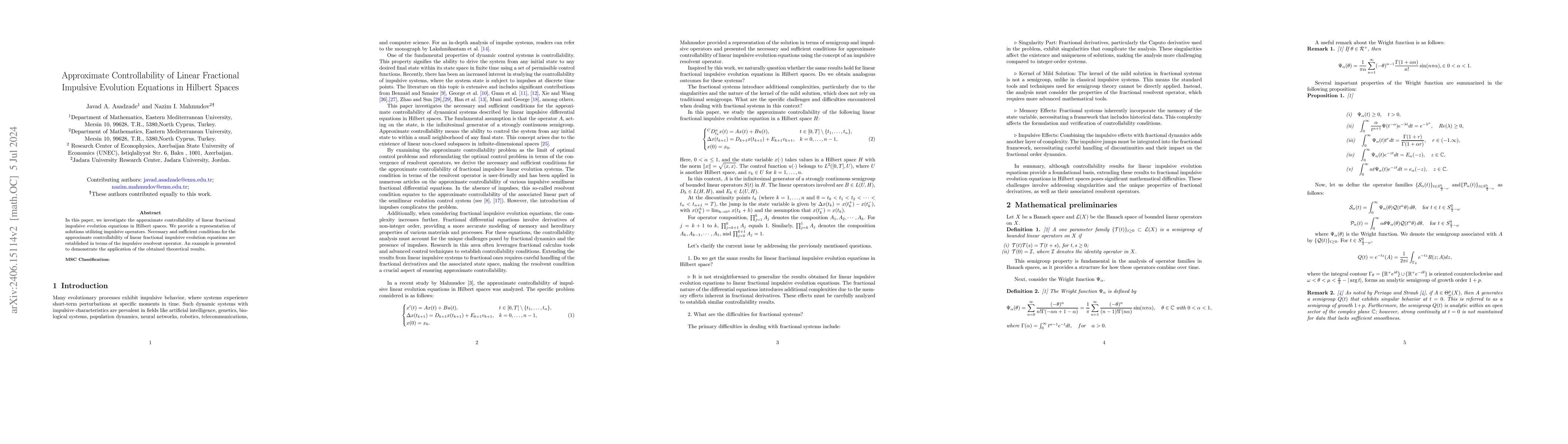 Thumbnail for Approximate Controllability of Linear Fractional Impulsive Evolution
  Equations in Hilbert Spaces