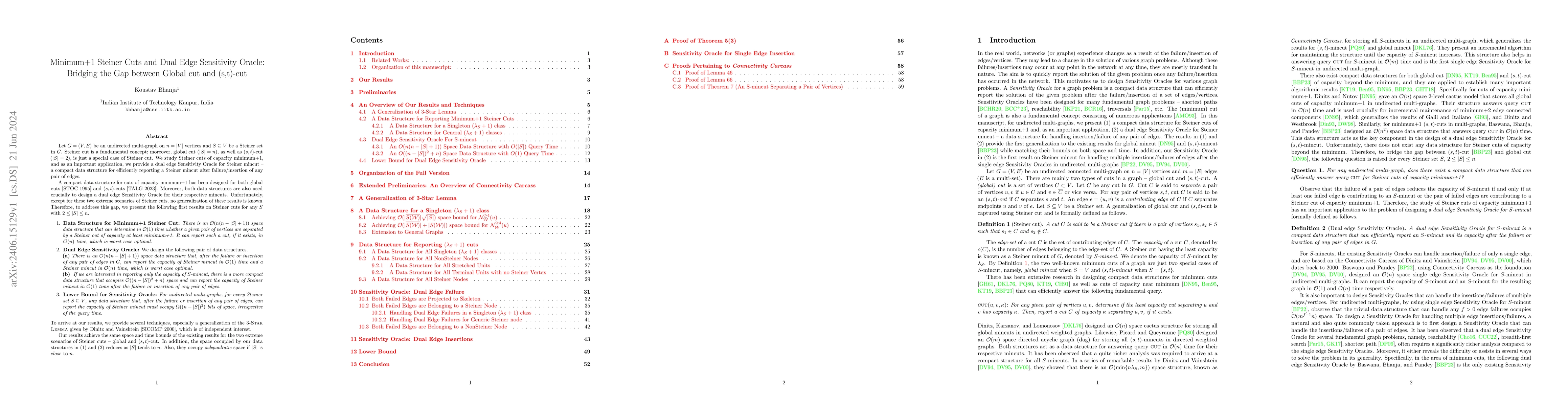 Thumbnail for Minimum+1 Steiner Cuts and Dual Edge Sensitivity Oracle: Bridging the
  Gap between Global cut and (s,t)-cut