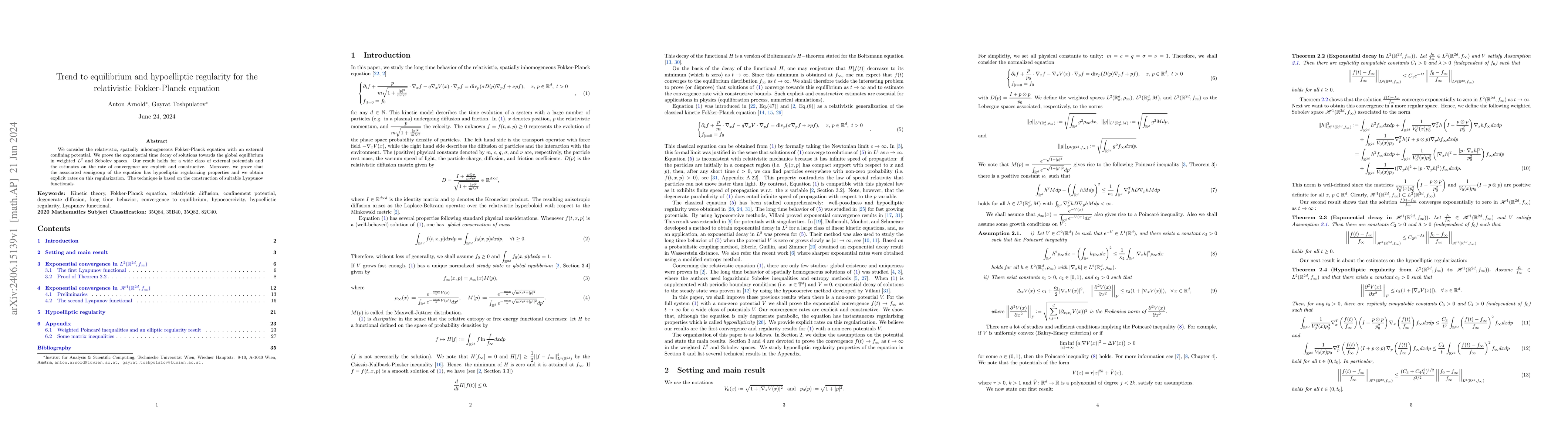 Thumbnail for Trend to equilibrium and hypoelliptic regularity for the relativistic
  Fokker-Planck equation