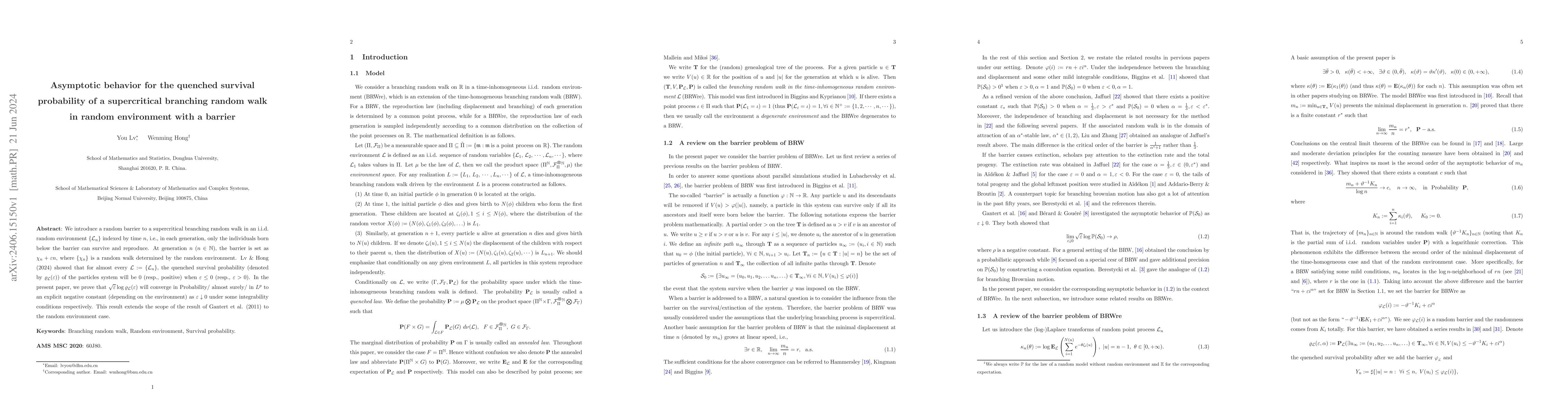 Thumbnail for Asymptotic behavior for the quenched survival probability of a
  supercritical branching random walk in random environment with a barrier