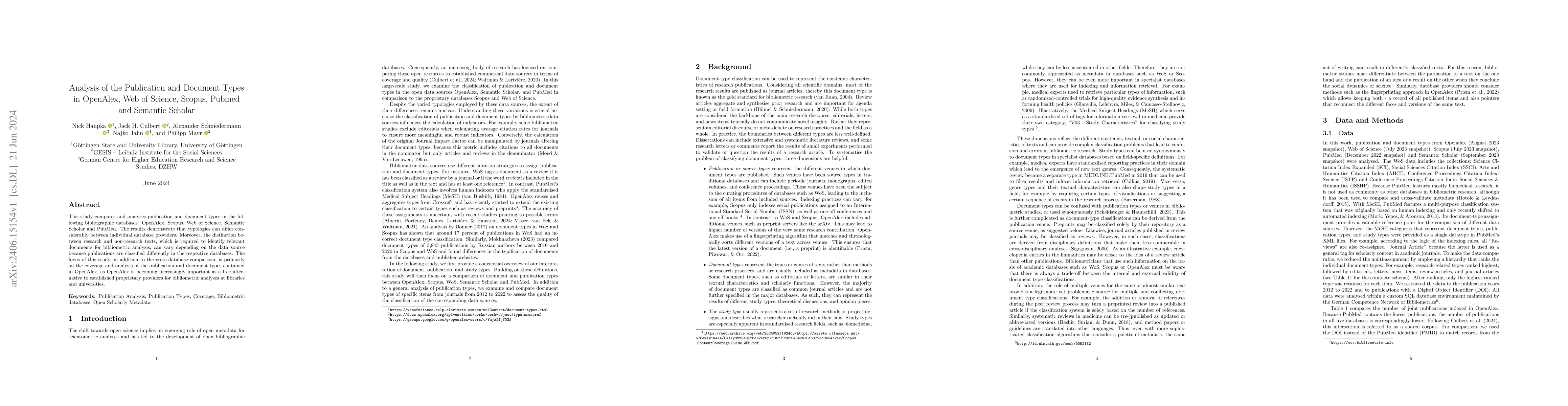 Thumbnail for Analysis of the Publication and Document Types in OpenAlex, Web of
  Science, Scopus, Pubmed and Semantic Scholar