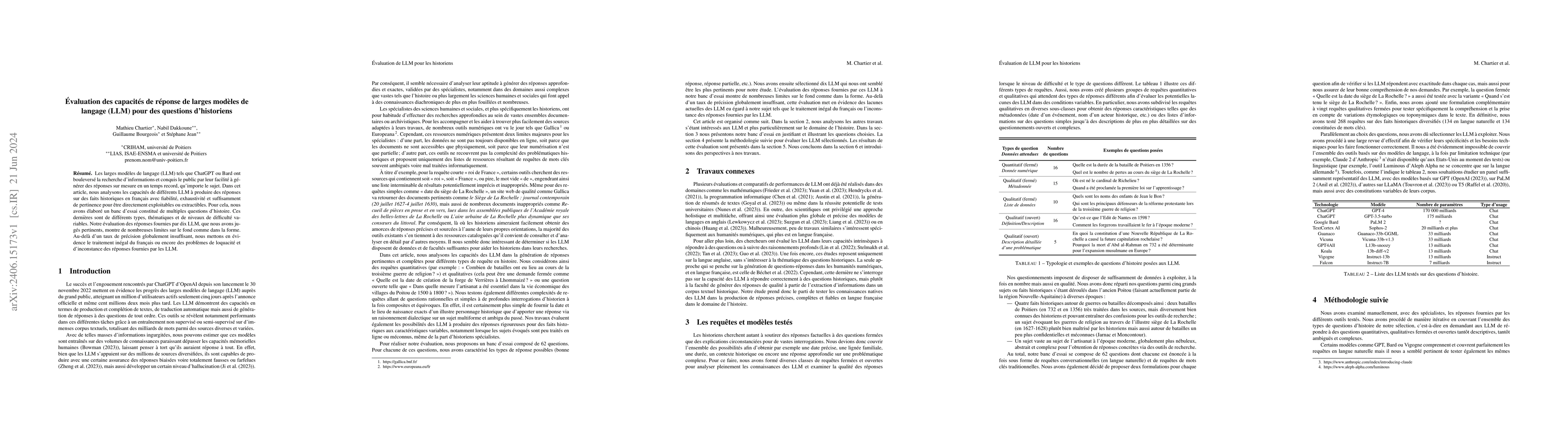 Thumbnail for \'Evaluation des capacit\'es de r\'eponse de larges mod\`eles de langage
  (LLM) pour des questions d'historiens