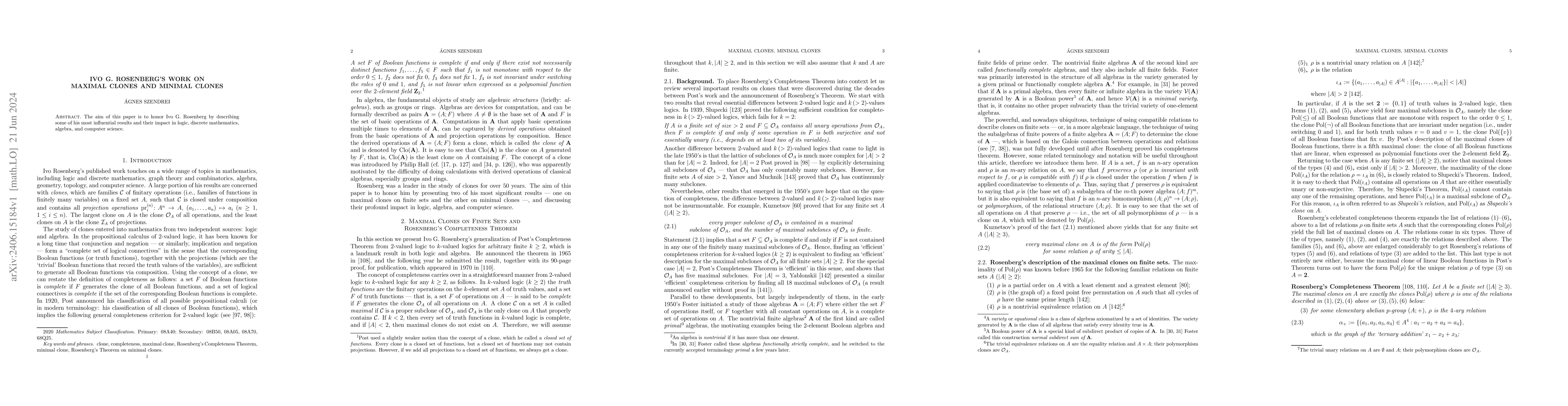 Thumbnail for Ivo G. Rosenberg's Work on Maximal Clones and Minimal Clones