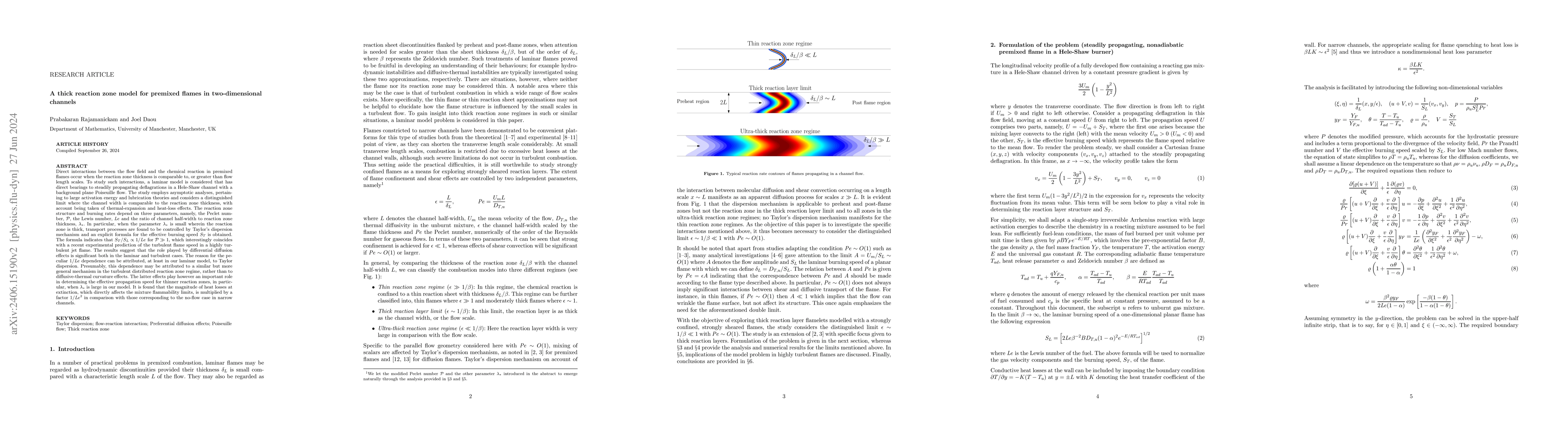 Thumbnail for A thick reaction zone model for premixed flames in two-dimensional
  channels