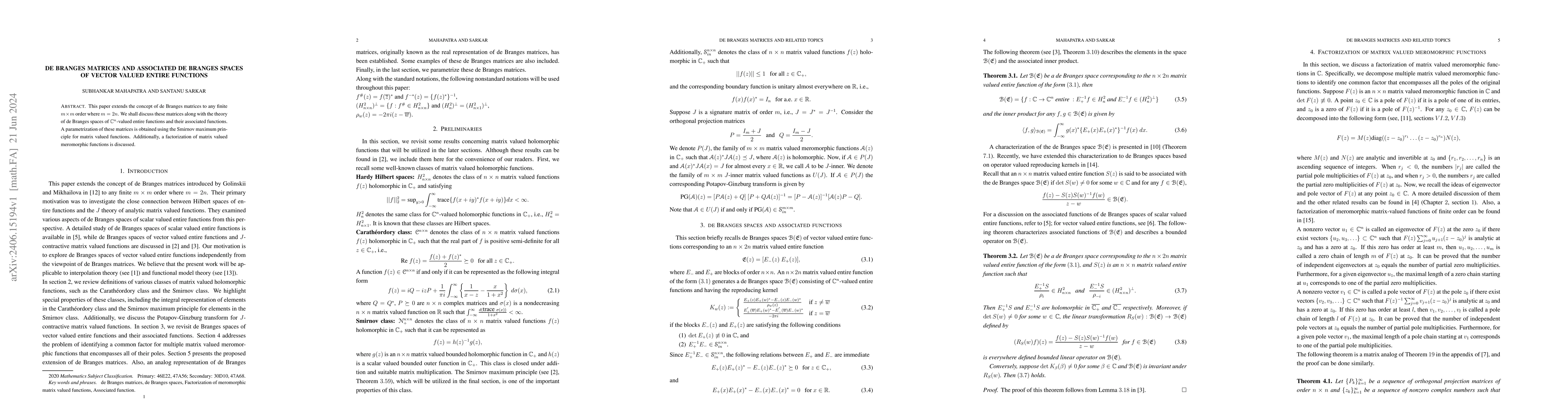 Thumbnail for de Branges matrices and associated de Branges spaces of vector valued
  entire functions
