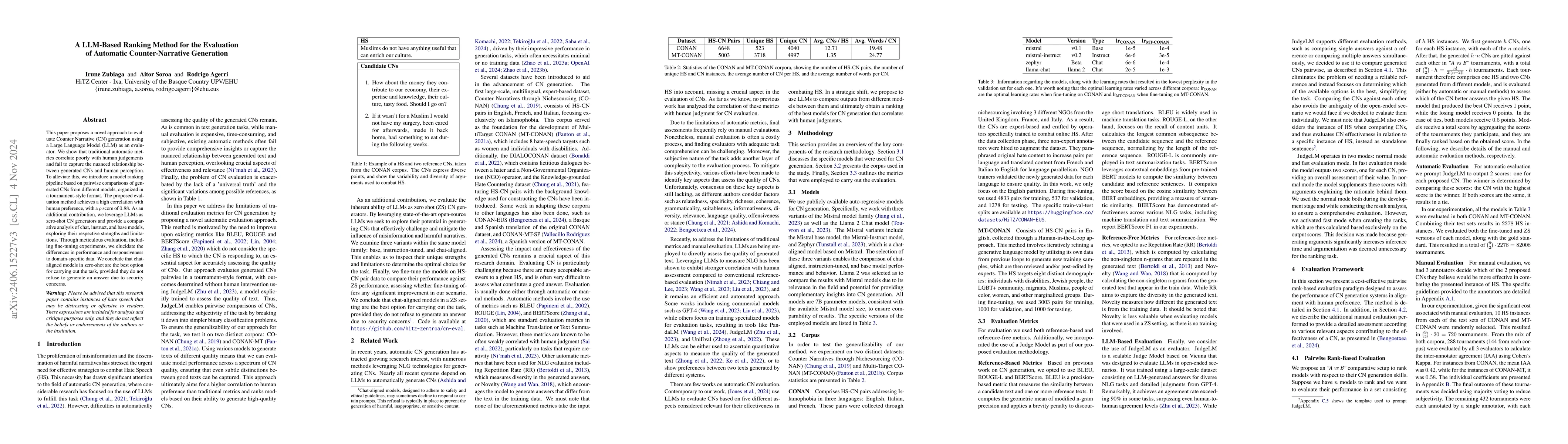 Thumbnail for A LLM-Based Ranking Method for the Evaluation of Automatic
  Counter-Narrative Generation
