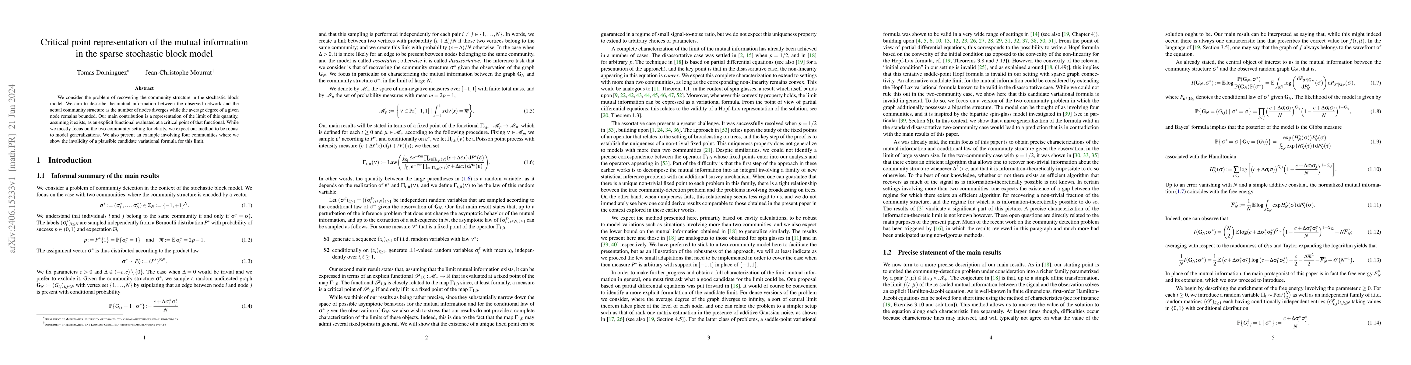 Thumbnail for Critical point representation of the mutual information in the sparse
  stochastic block model