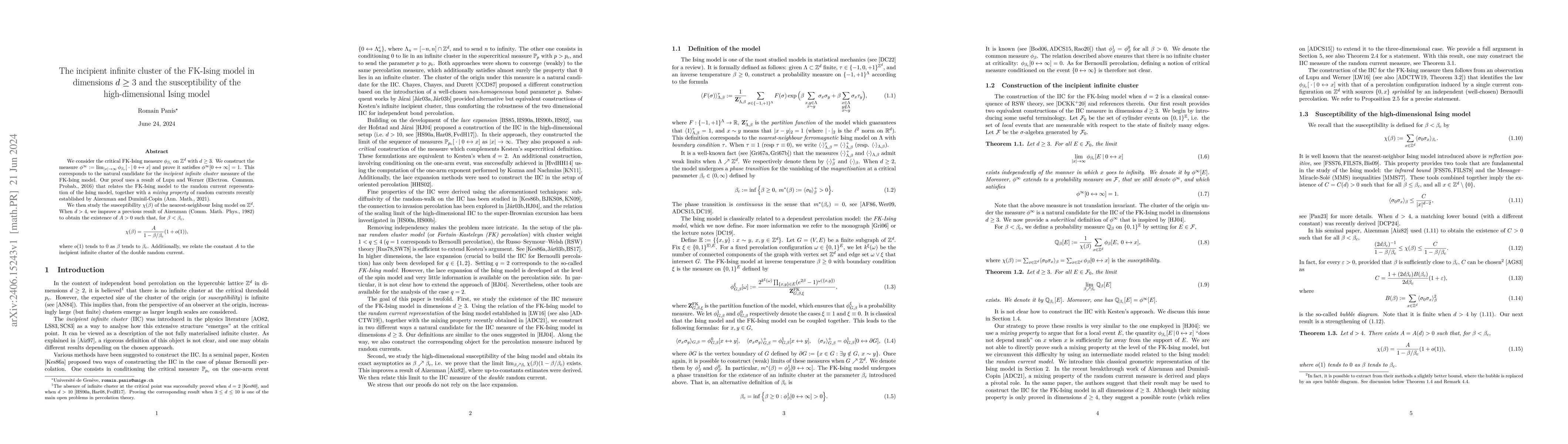 Thumbnail for The incipient infinite cluster of the FK-Ising model in dimensions
  $d\geq 3$ and the susceptibility of the high-dimensional Ising model