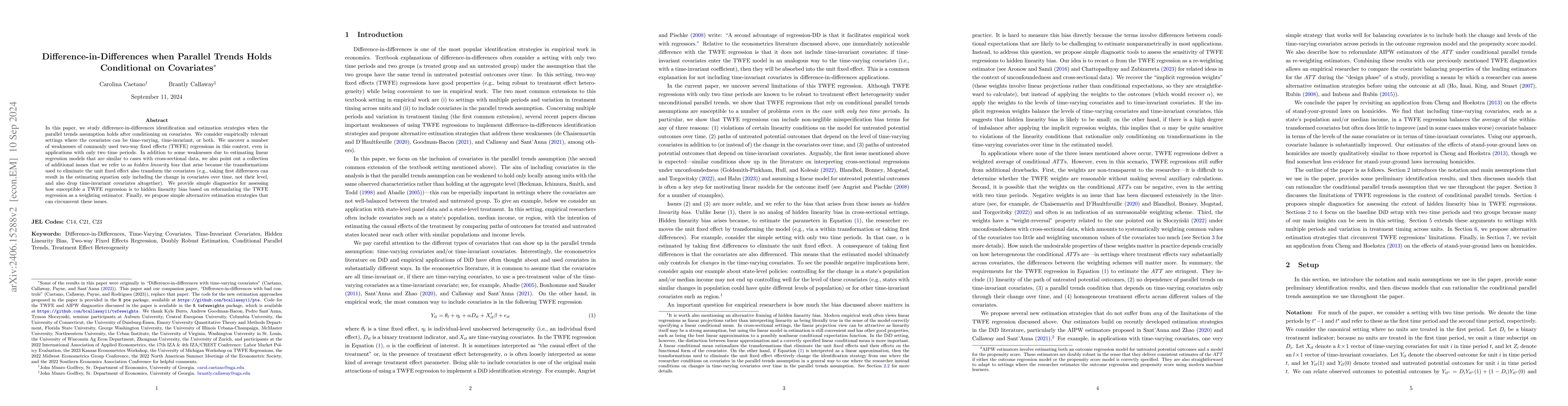 Thumbnail for Difference-in-Differences with Time-Varying Covariates in the Parallel
  Trends Assumption