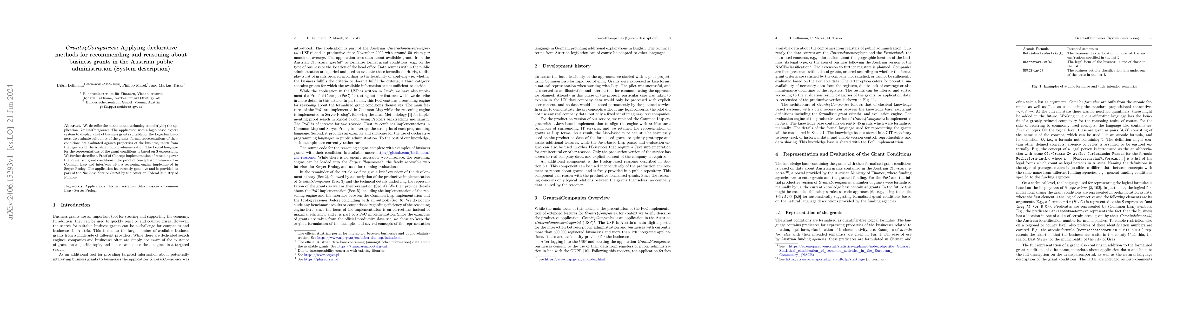 Thumbnail for Grants4Companies: Applying Declarative Methods for Recommending and
  Reasoning About Business Grants in the Austrian Public Administration (System
  Description)